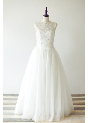 Beaded Ivory Lace Tulle Anniversary Wedding Dress